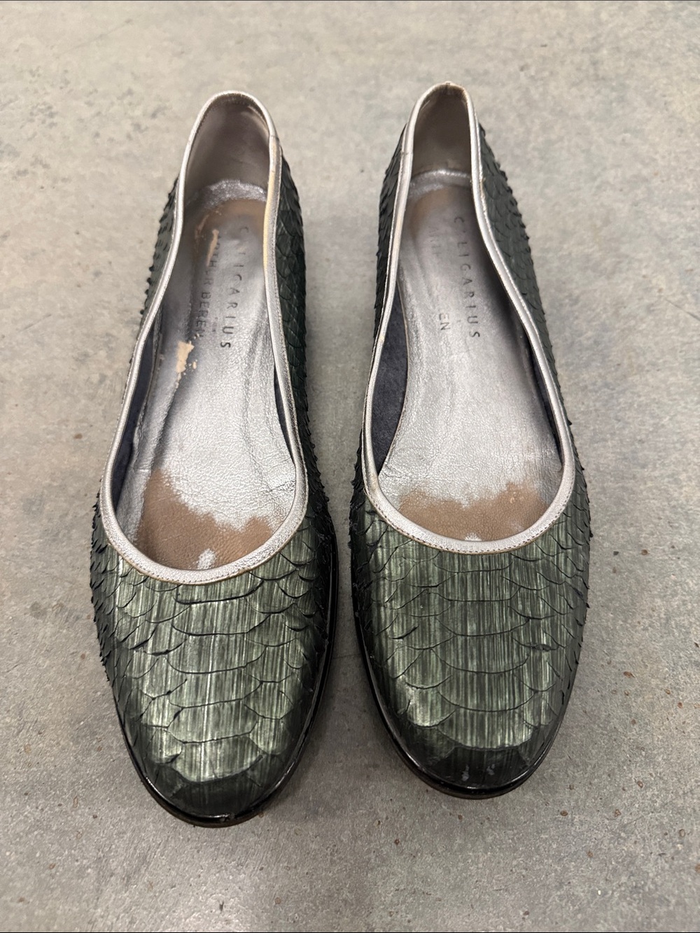 Metallic Olive Green Scaled Ballet Flats with Silver Trim
